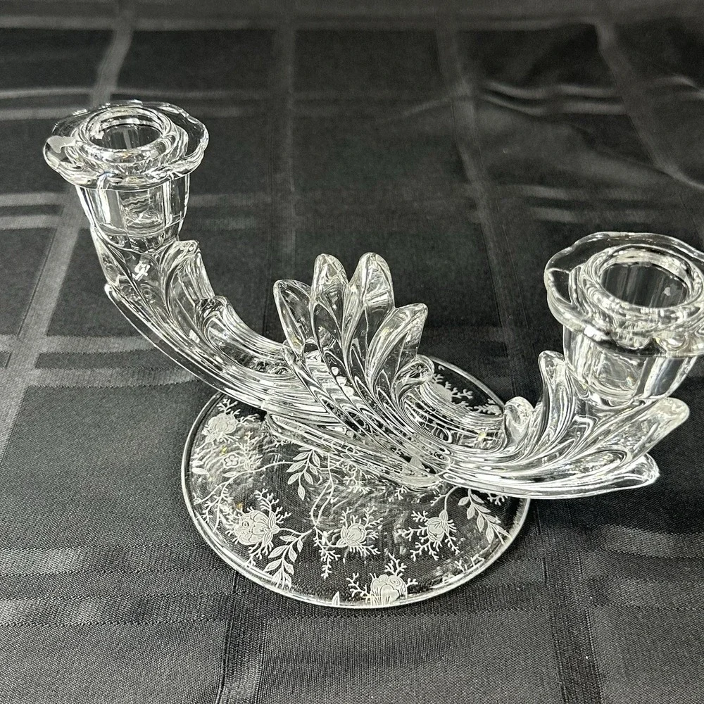 Vintage Crystal Fostoria Baroque‎ Double Candle Sticks Chintz Etched Pattern